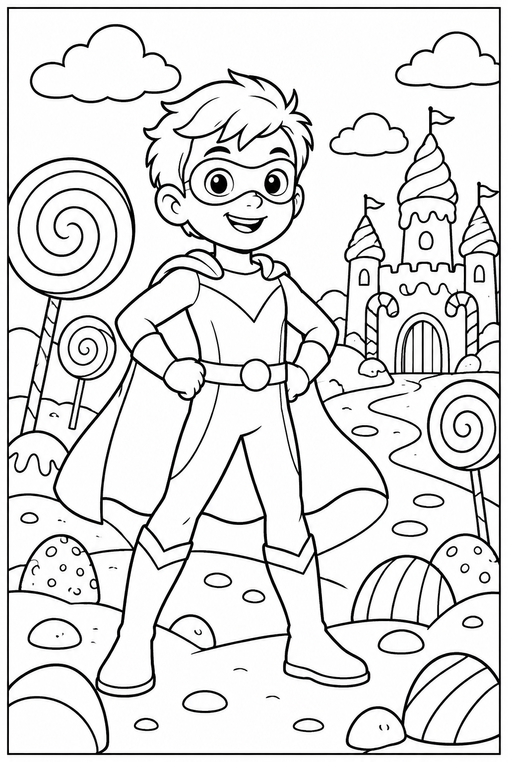 Superhero in candy land — More details — printable coloring page