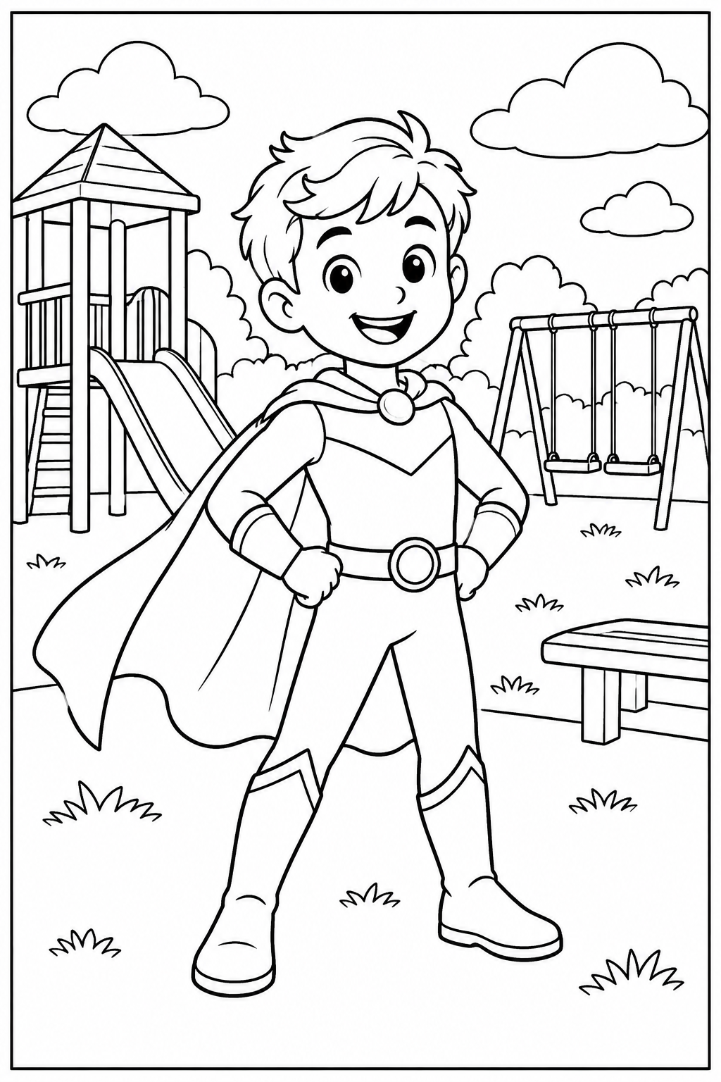 Superhero at the playground — More details — printable coloring page