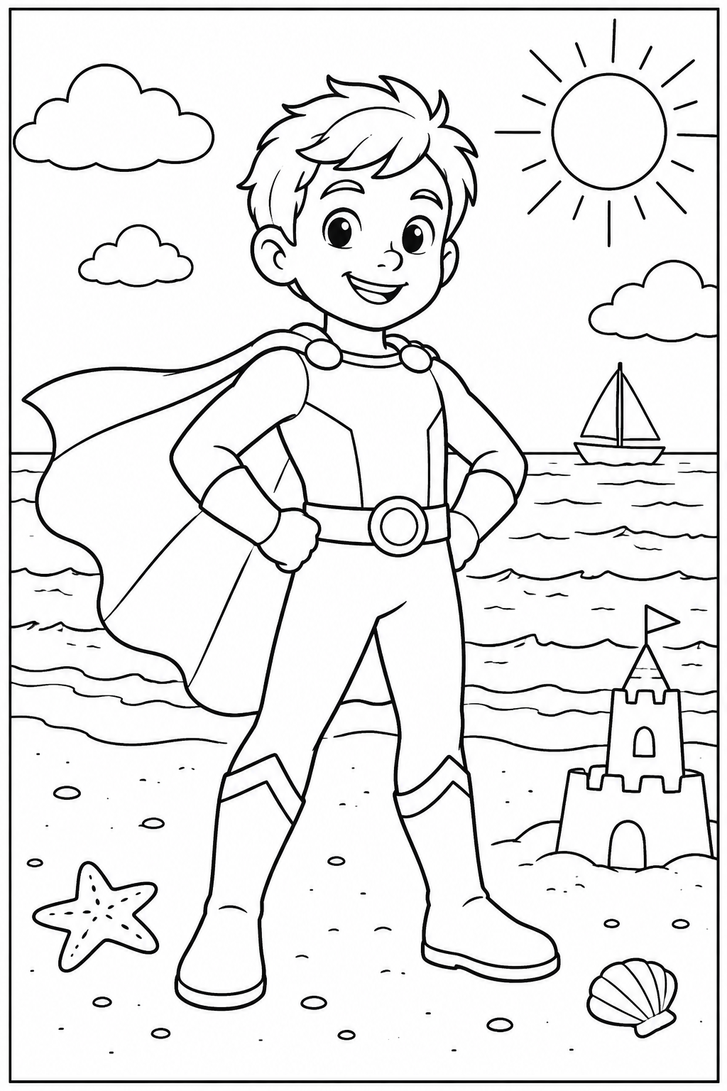 Superhero at the beach — More details — printable coloring page