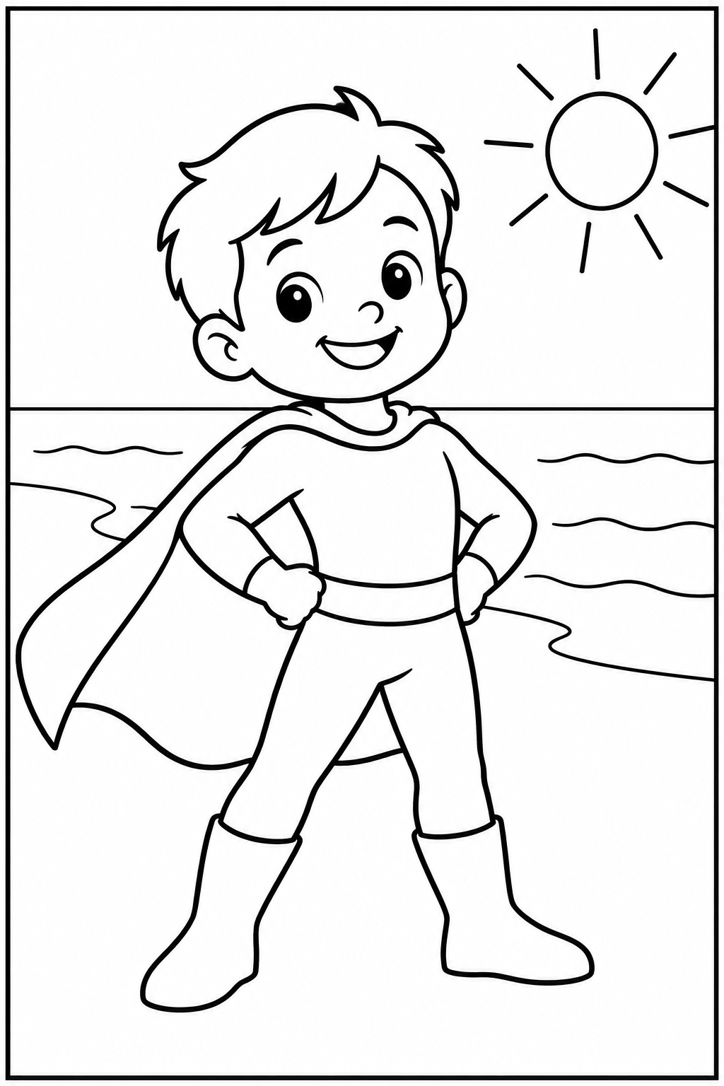 Superhero at the beach — Large shapes — printable coloring page