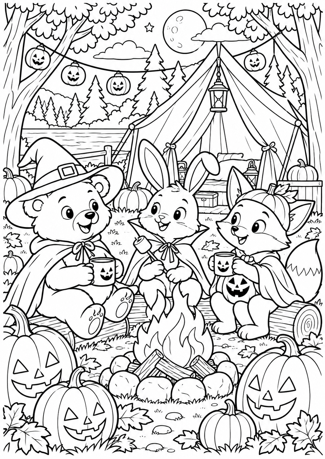 The animals by the campfire — printable coloring page