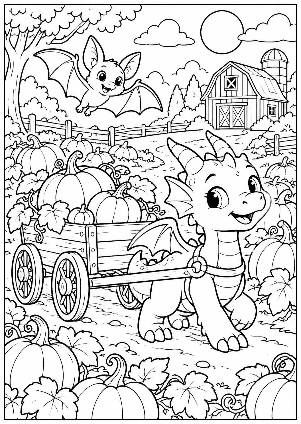 The dragon goes pumpkin hunting โ printable coloring page