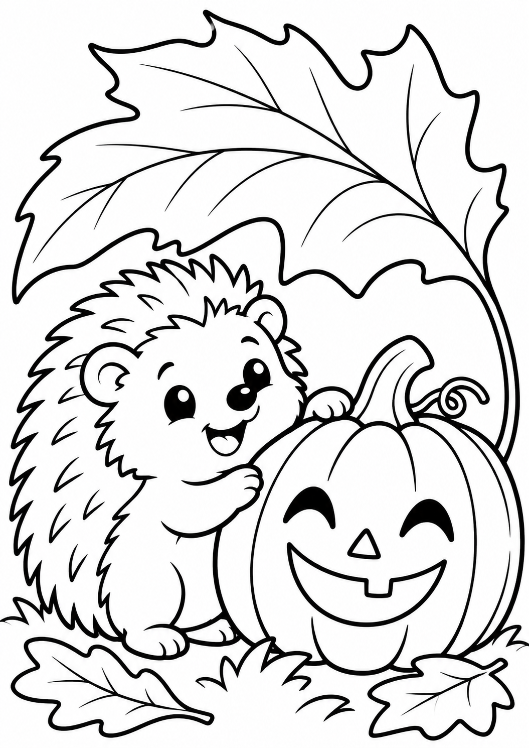 The hedgehog with a leaf — printable coloring page
