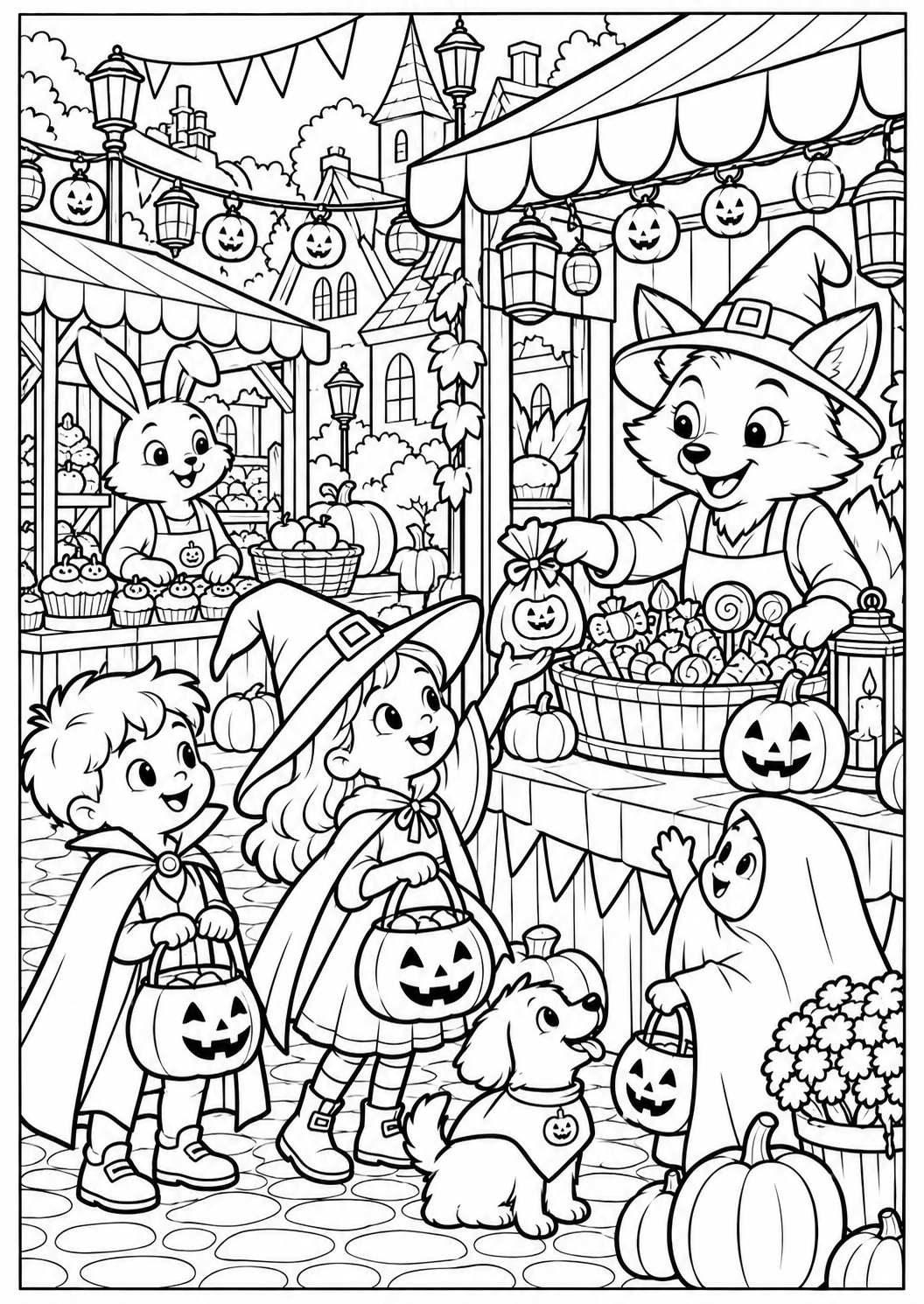 The Halloween market — printable coloring page