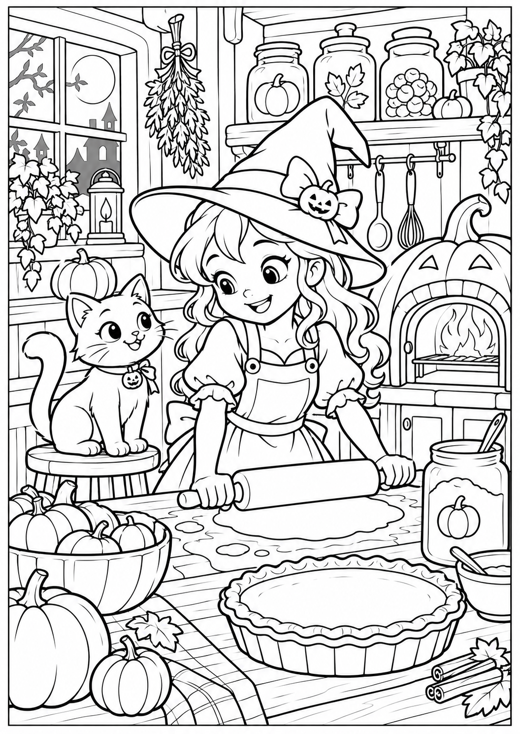 The witch bakes pumpkin pie โ printable coloring page