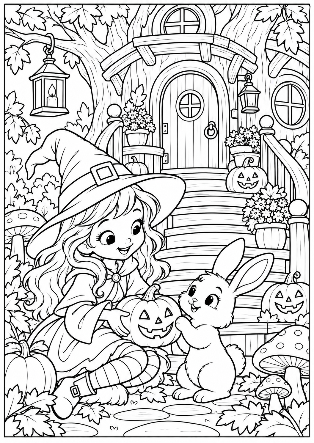 The witch at the woodland cottage — printable coloring page