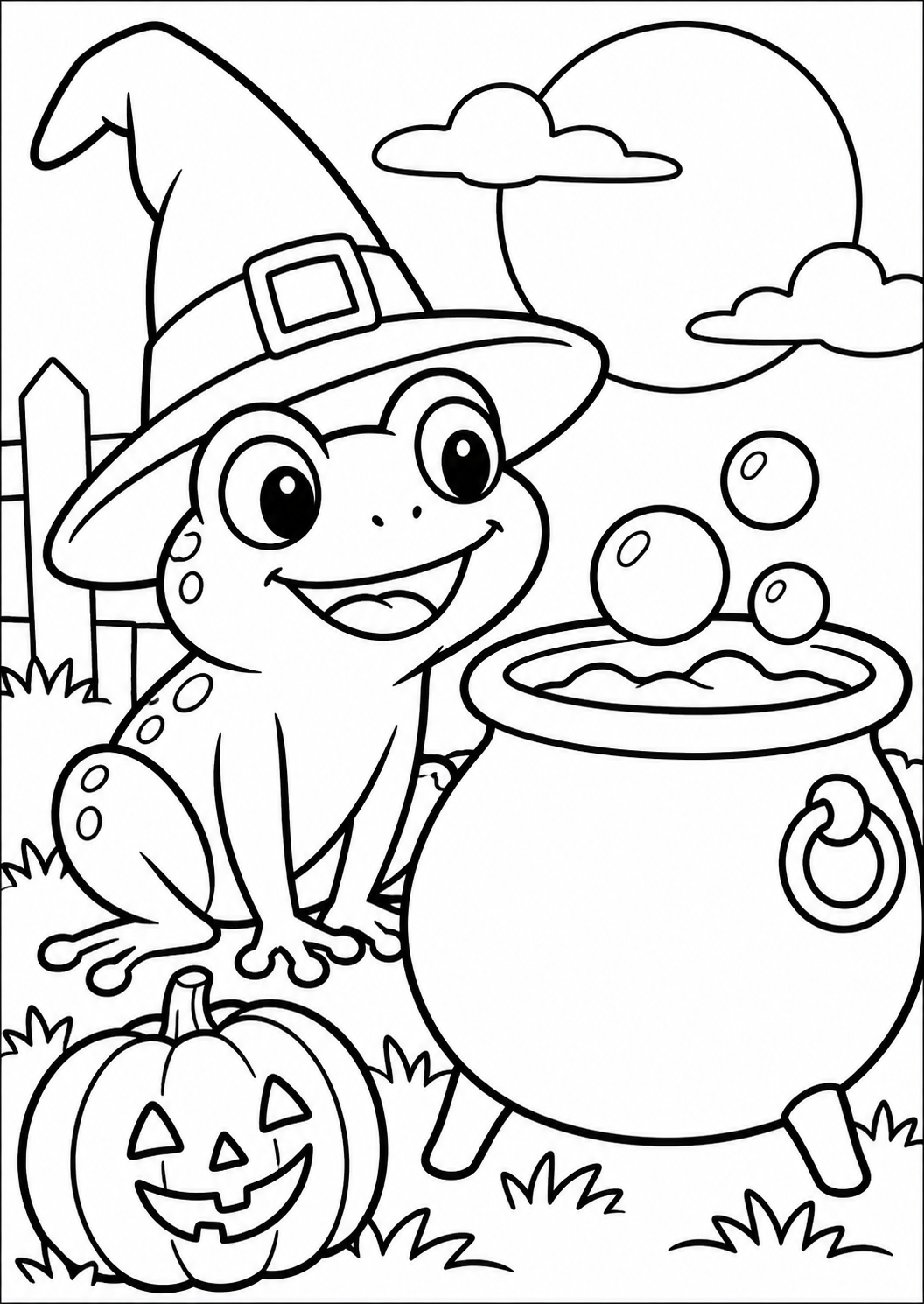 The frog beside the cauldron โ printable coloring page