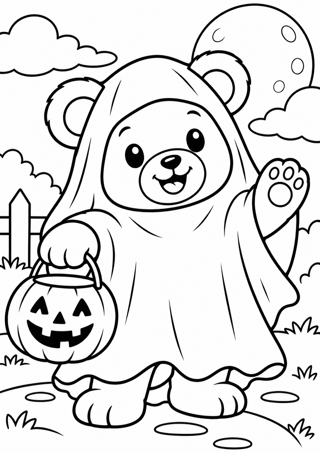 The teddy bear dressed as a ghost — printable coloring page