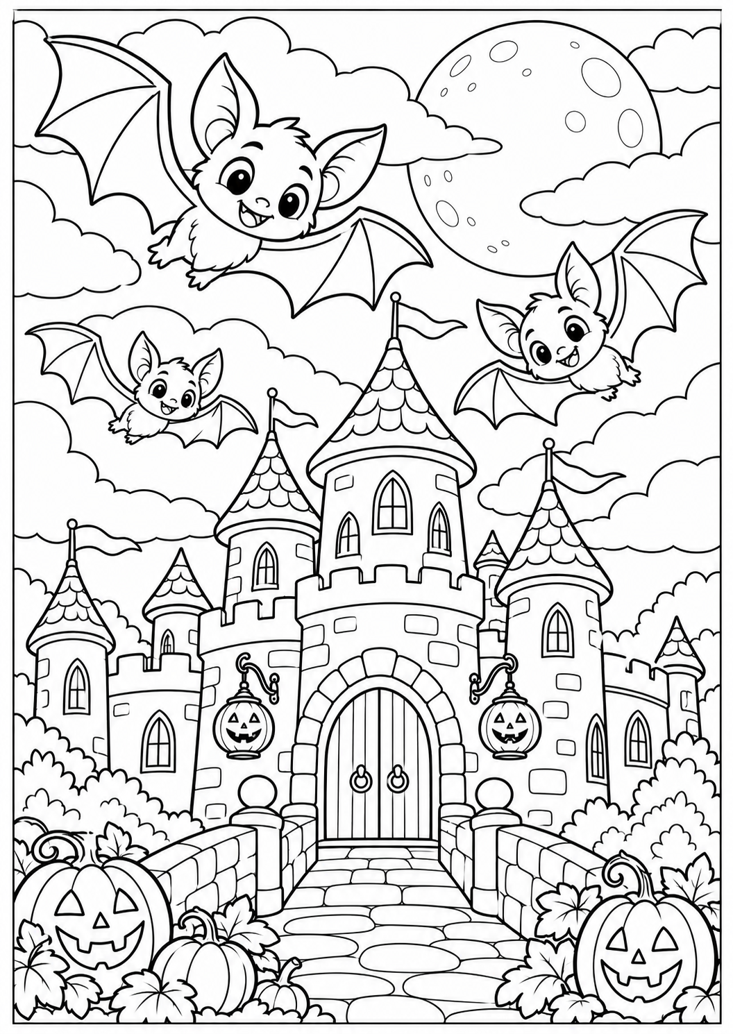 Bats above the castle — printable coloring page