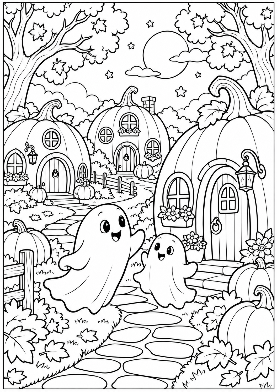 Halloween in the pumpkin village โ printable coloring page
