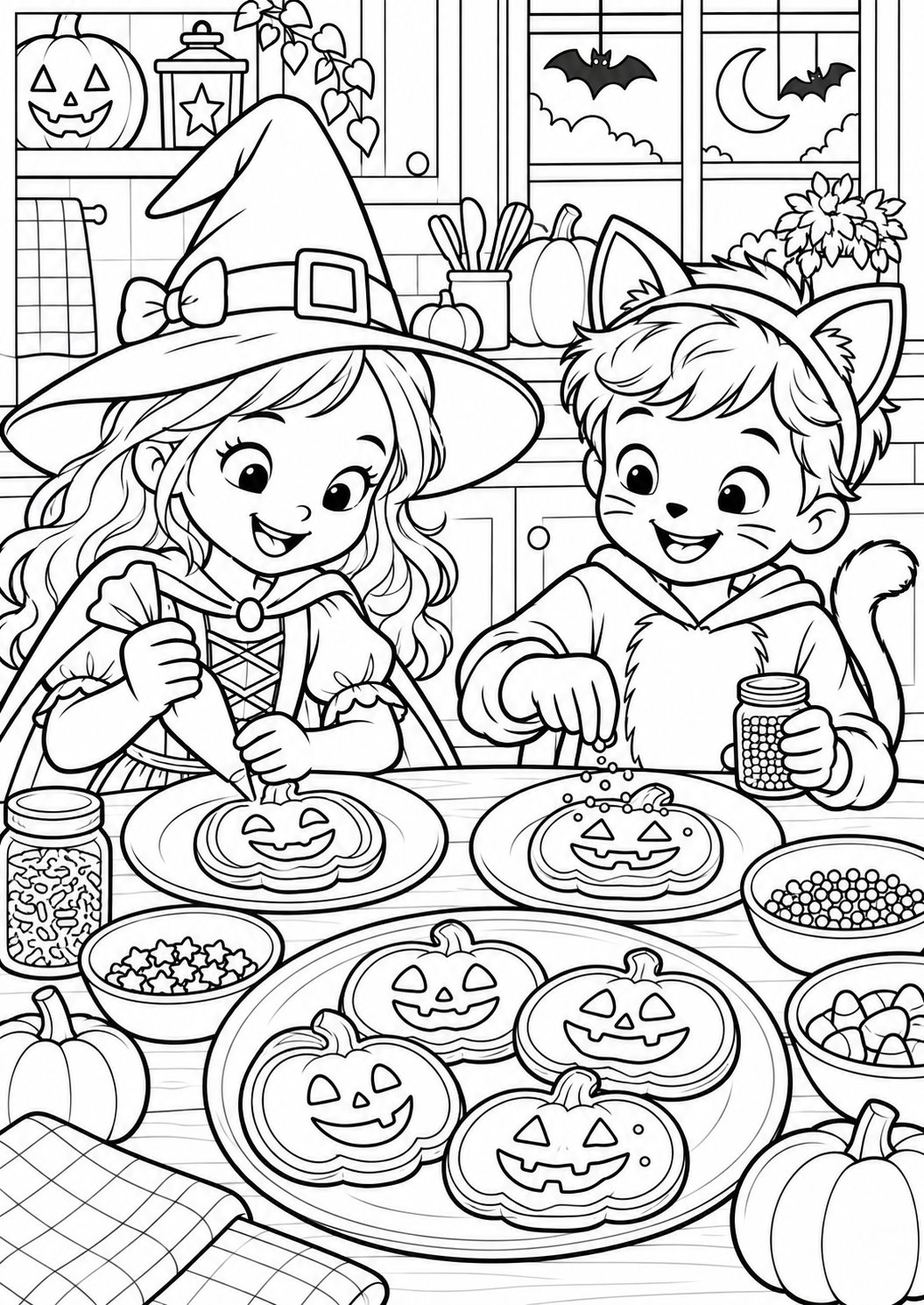 The Halloween cookie party — printable coloring page