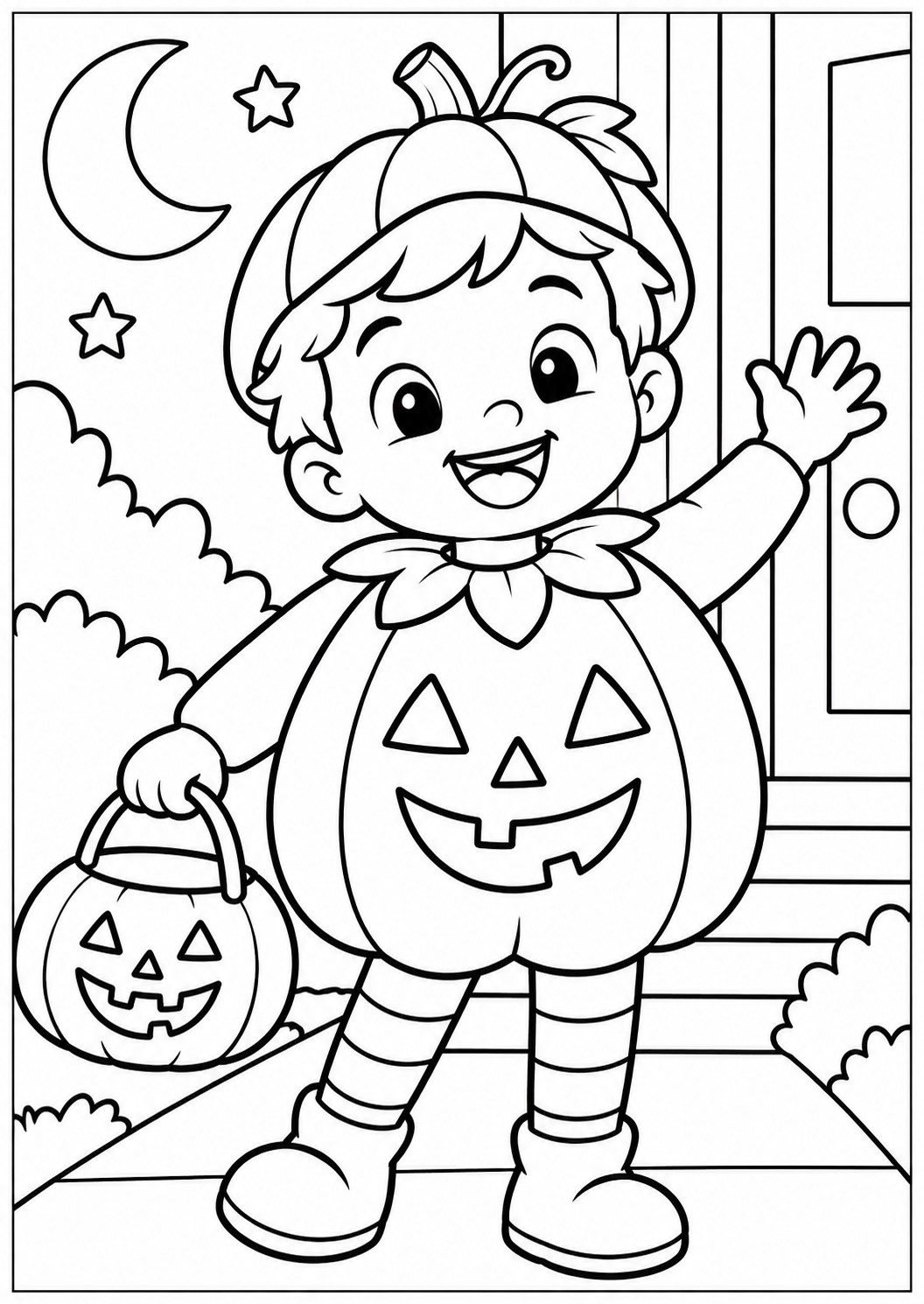 The child in a pumpkin costume — printable coloring page