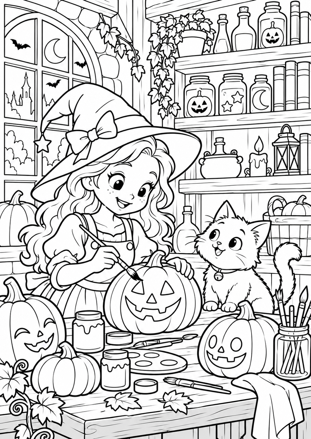 The magical pumpkin workshop — printable coloring page
