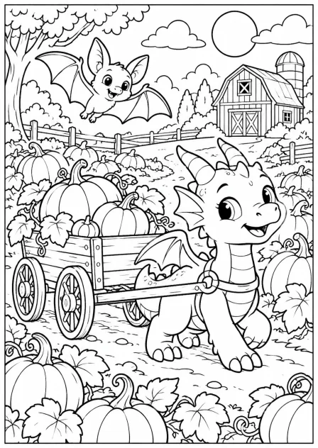 The dragon goes pumpkin hunting — printable coloring page