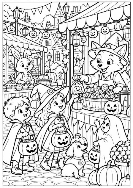The Halloween market — printable coloring page