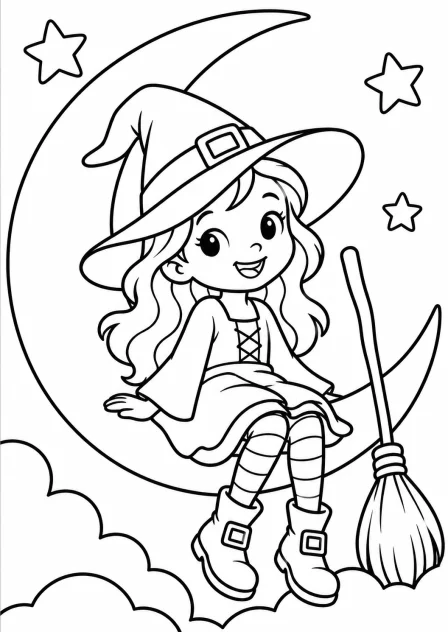 The witch in the moon — printable coloring page