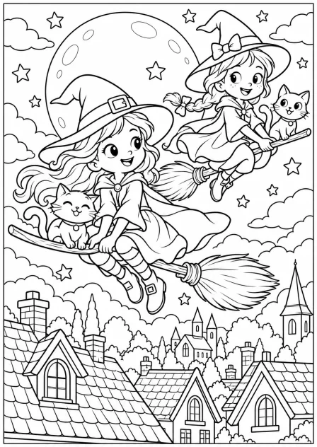 The witches fly together — printable coloring page