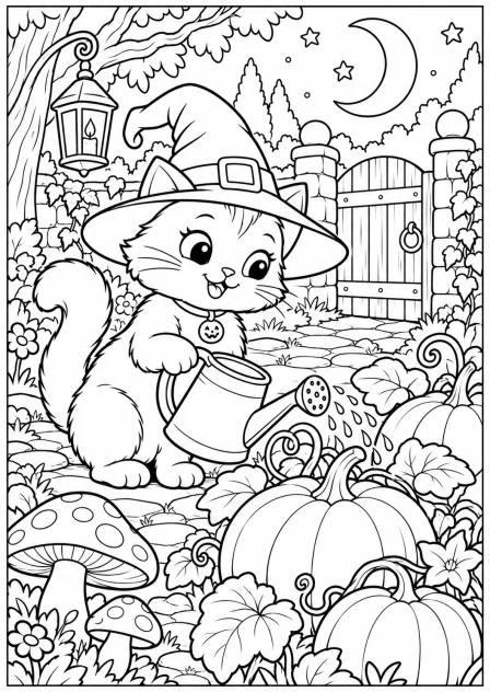 The cat in the witch garden — printable coloring page