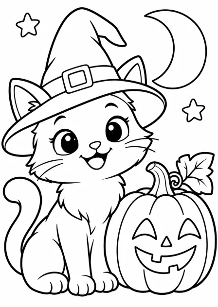 The cat with a witch hat — printable coloring page