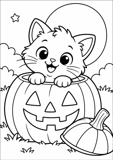 The kitten inside the pumpkin — printable coloring page