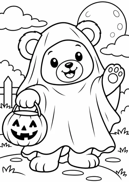 The teddy bear dressed as a ghost — printable coloring page