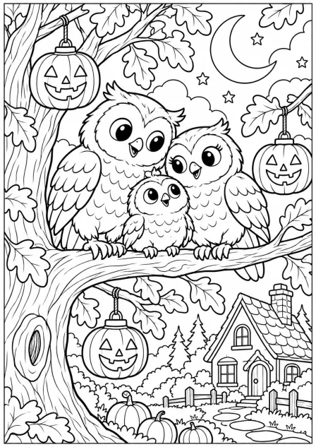 The owls celebrate Halloween — printable coloring page
