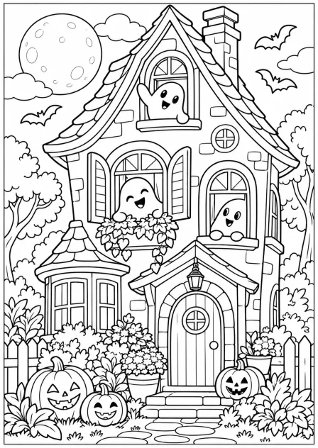 The house full of ghosts — printable coloring page