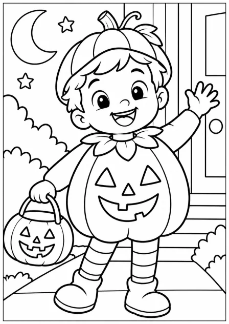 The child in a pumpkin costume — printable coloring page