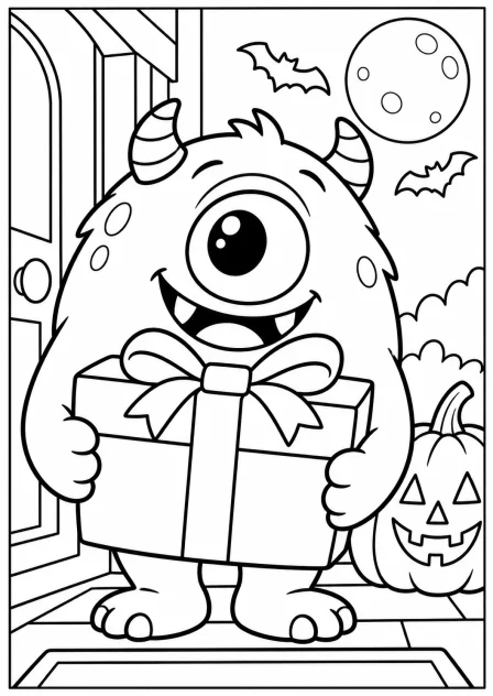 The monster with a present — printable coloring page