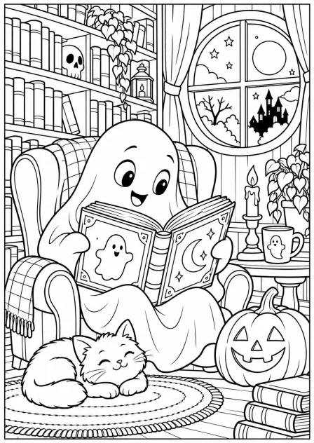 The ghost in the library — printable coloring page