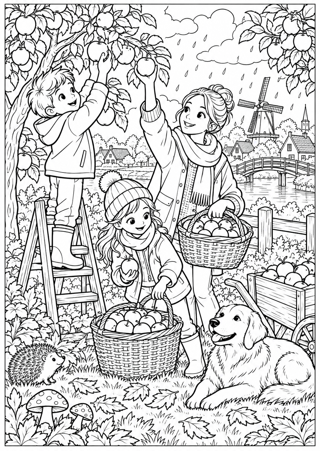 Picking apples in the orchard — printable coloring page