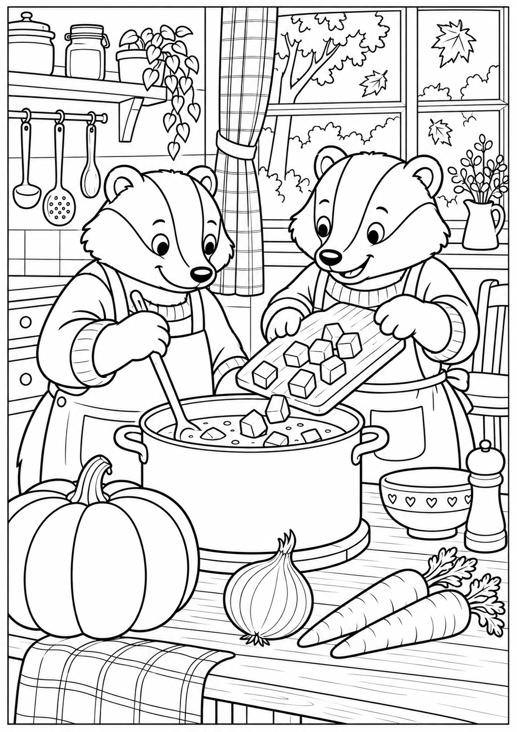 The badgers cook pumpkin soup — printable coloring page