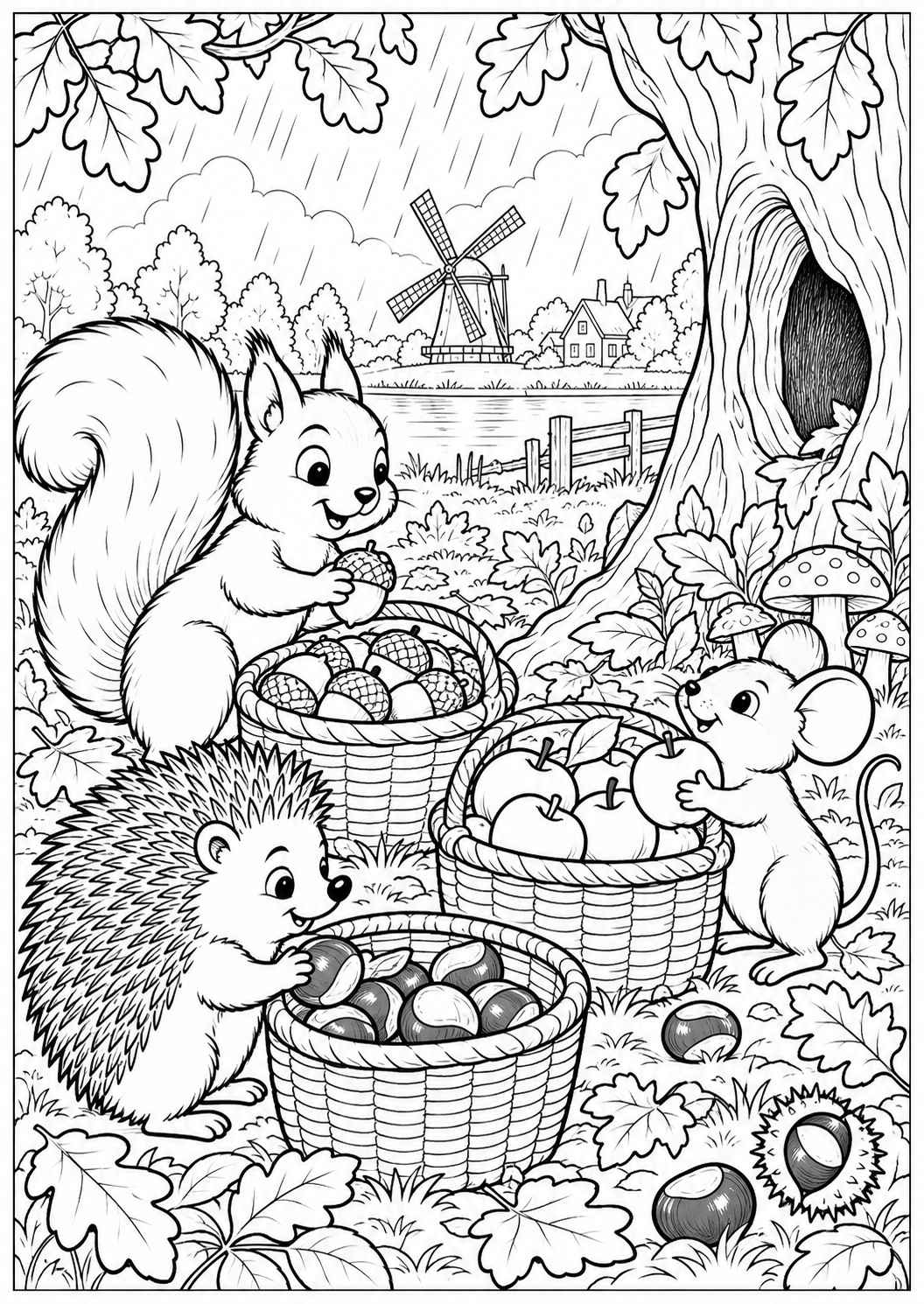 The animals gather winter supplies — printable coloring page
