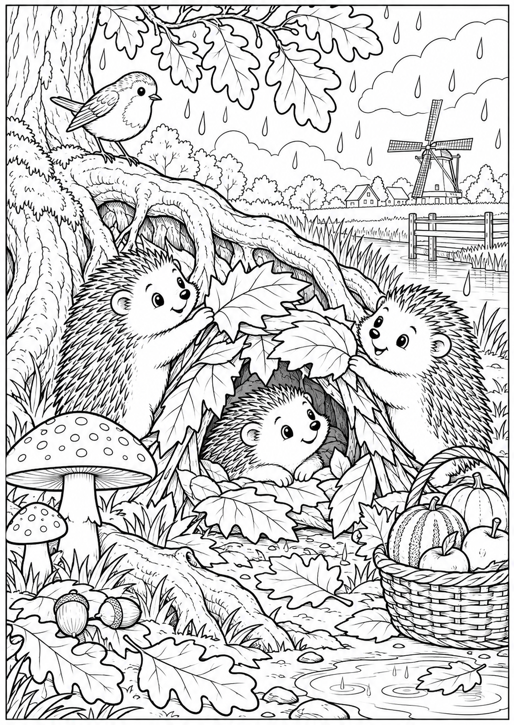 Hedgehogs by their leaf shelter — printable coloring page