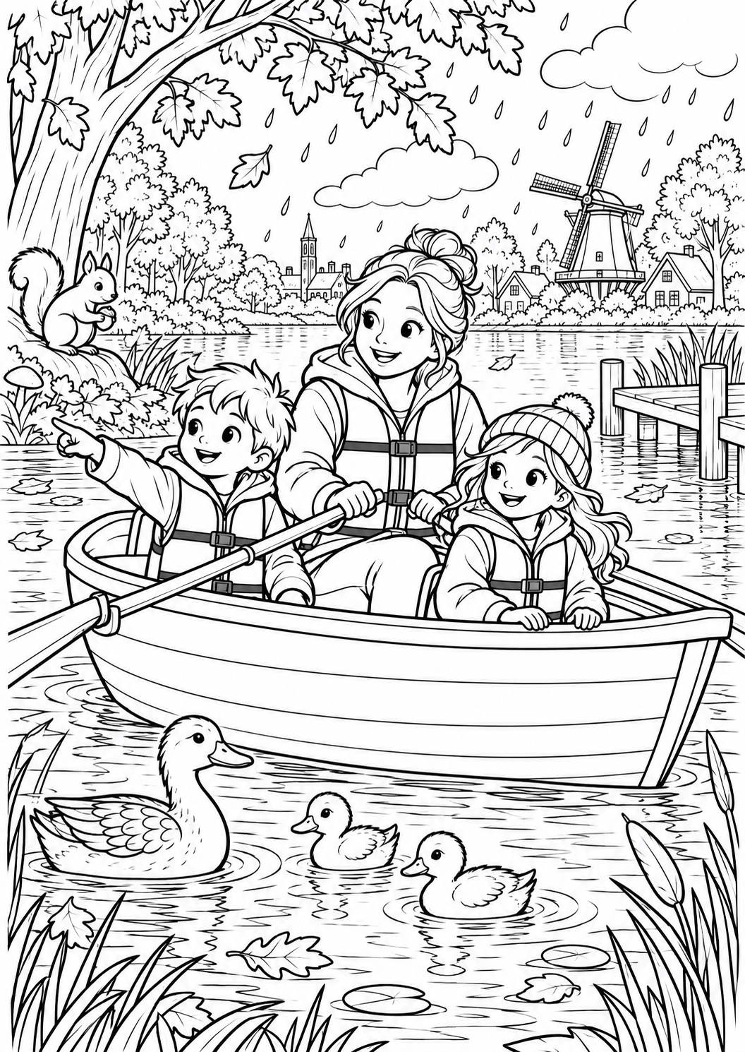 The autumn boat on the lake — printable coloring page