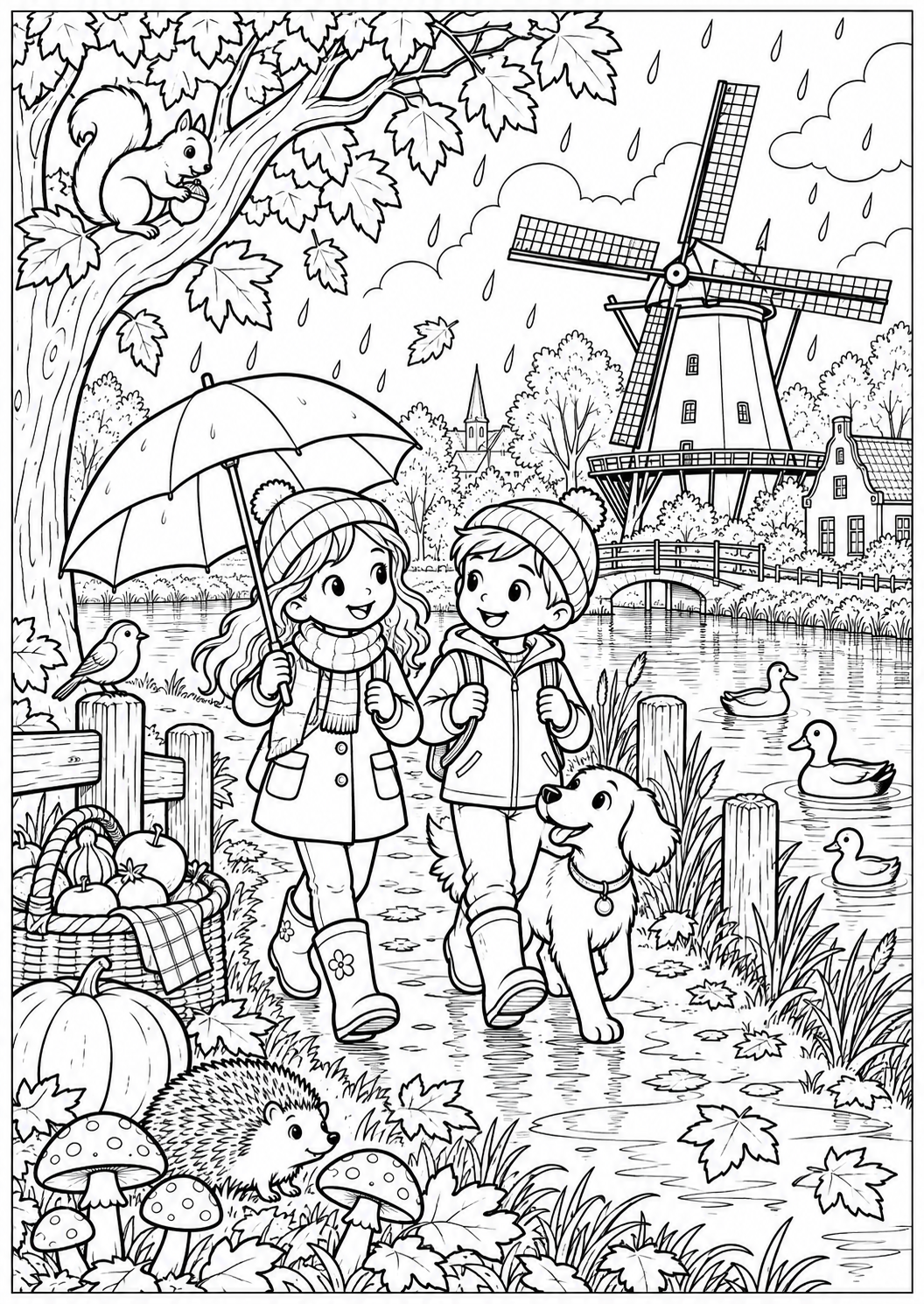 The autumn windmill by the water — printable coloring page