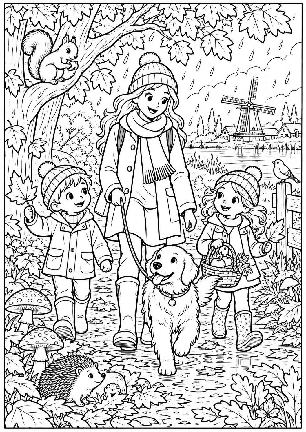 The autumn woodland walk — printable coloring page