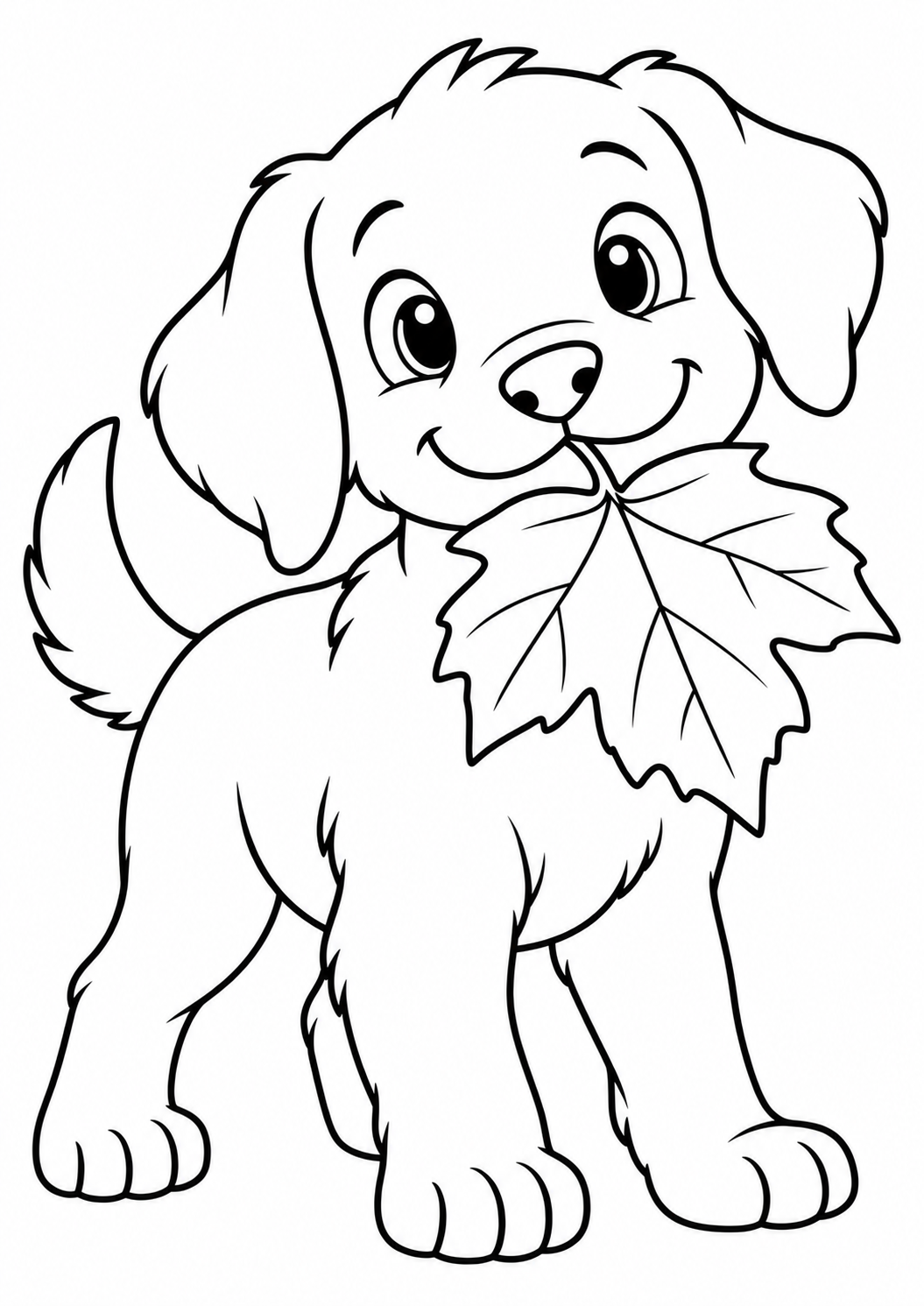 The dog with a leaf — printable coloring page