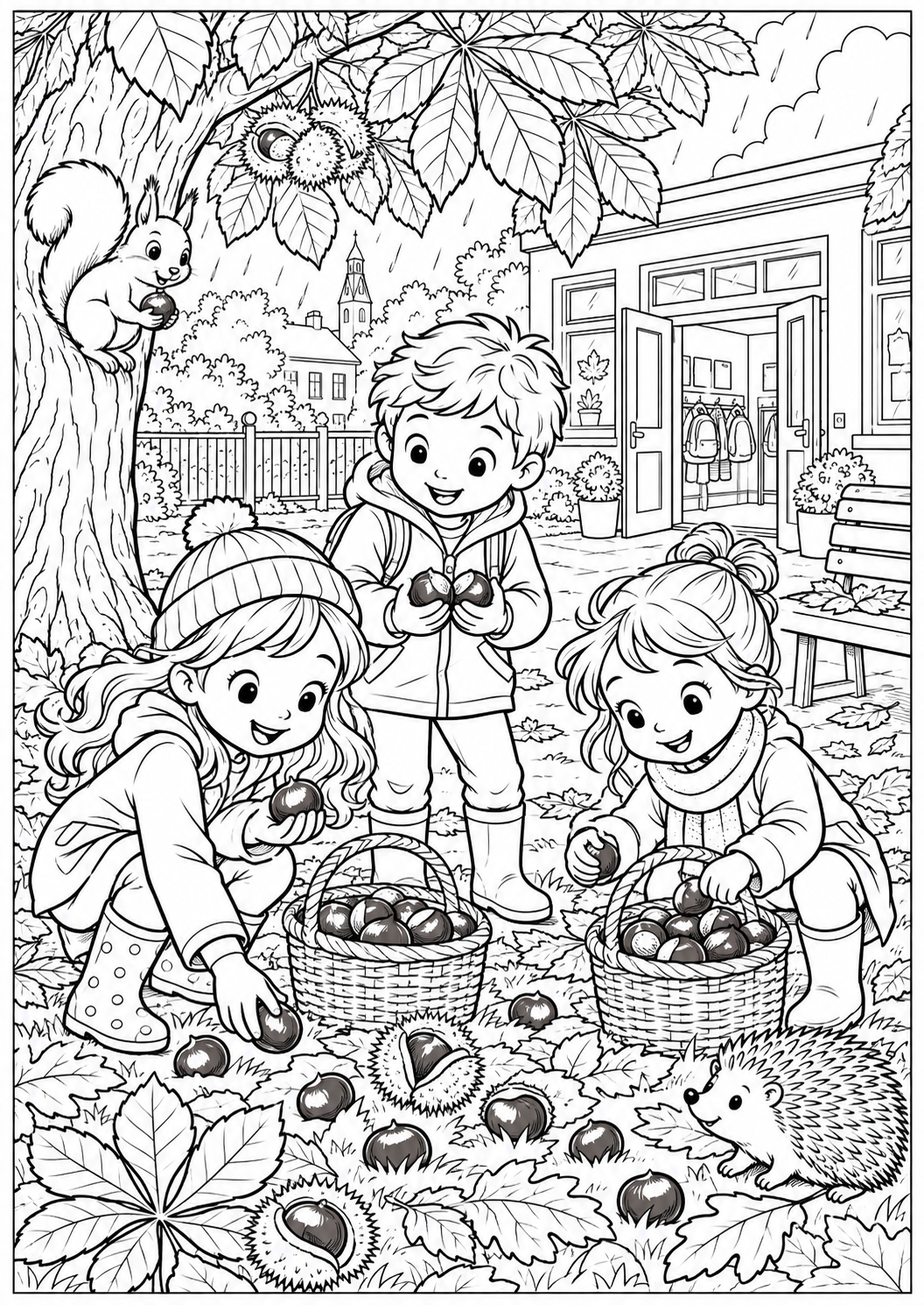 Chestnuts in the school playground — printable coloring page