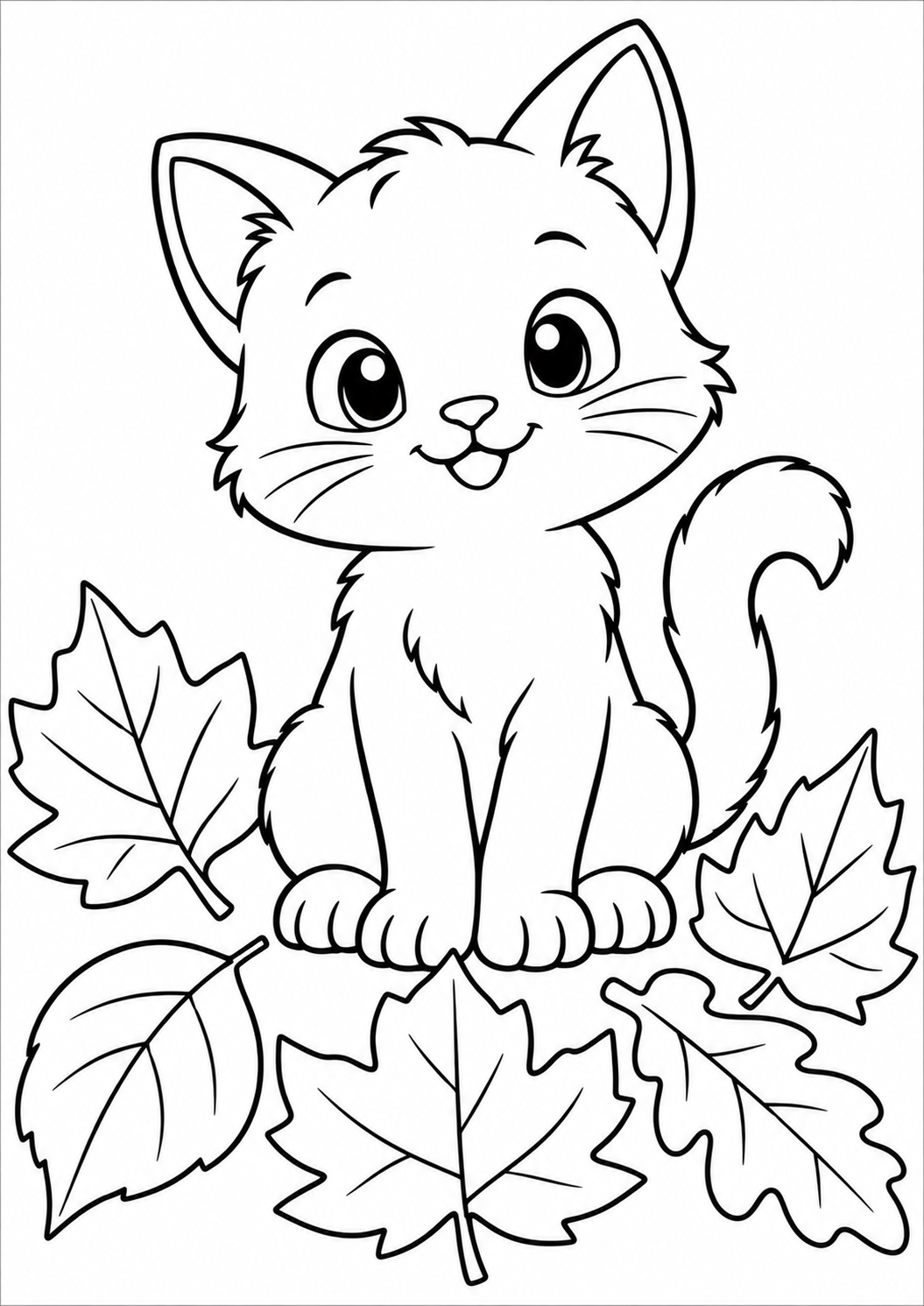 The cat in the leaves — printable coloring page