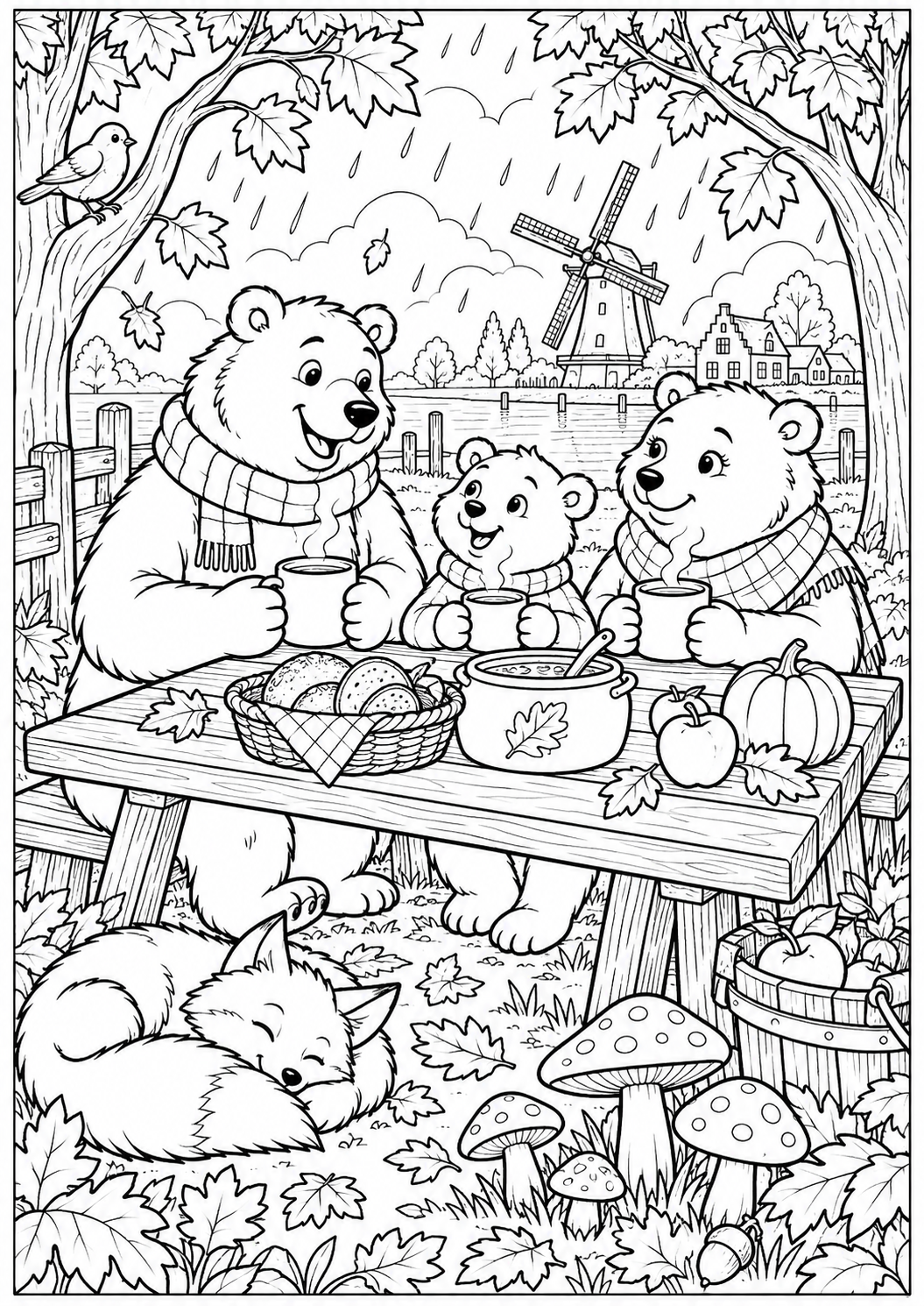 The picnic with warm soup — printable coloring page