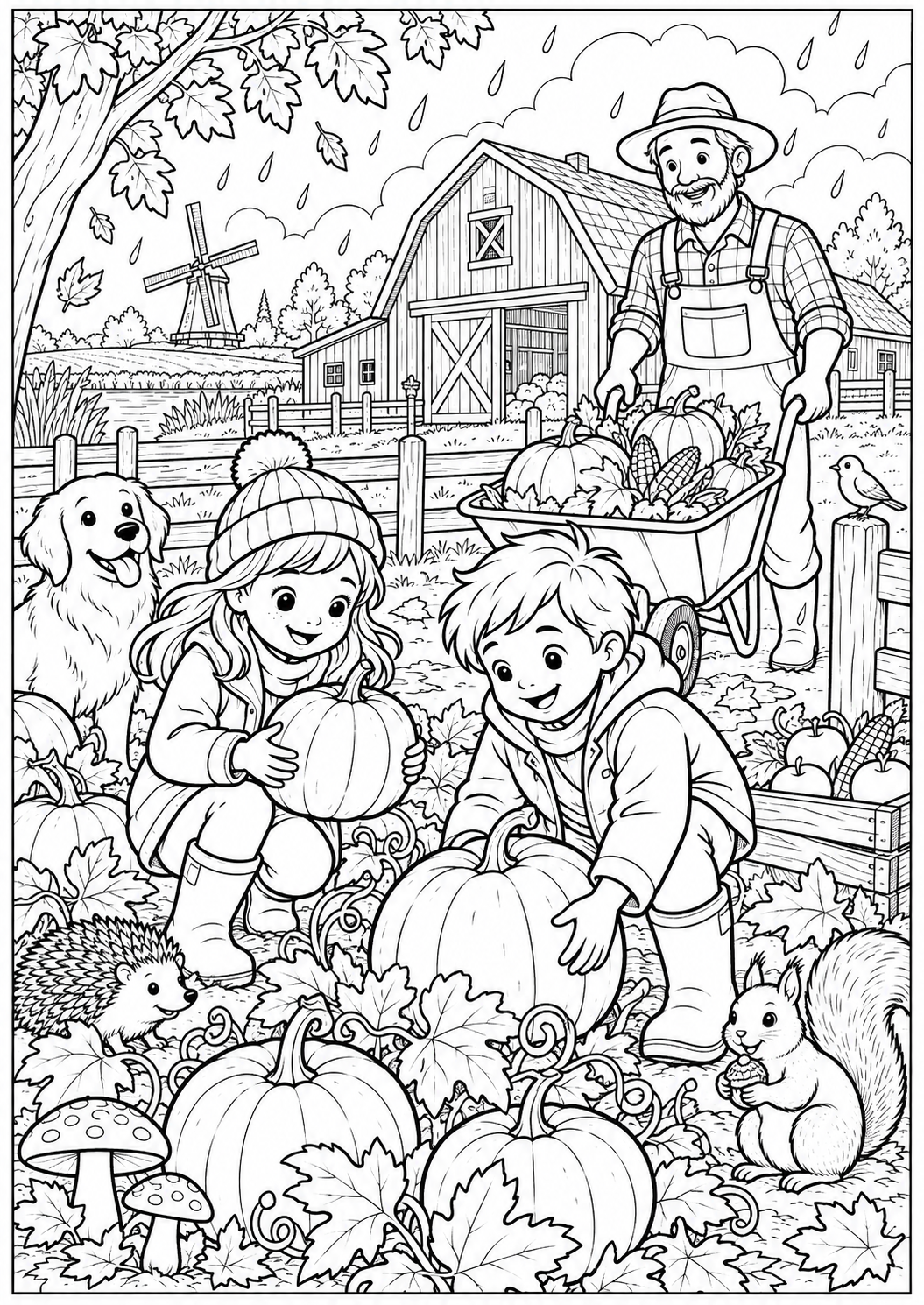 Pumpkins on the farm — printable coloring page