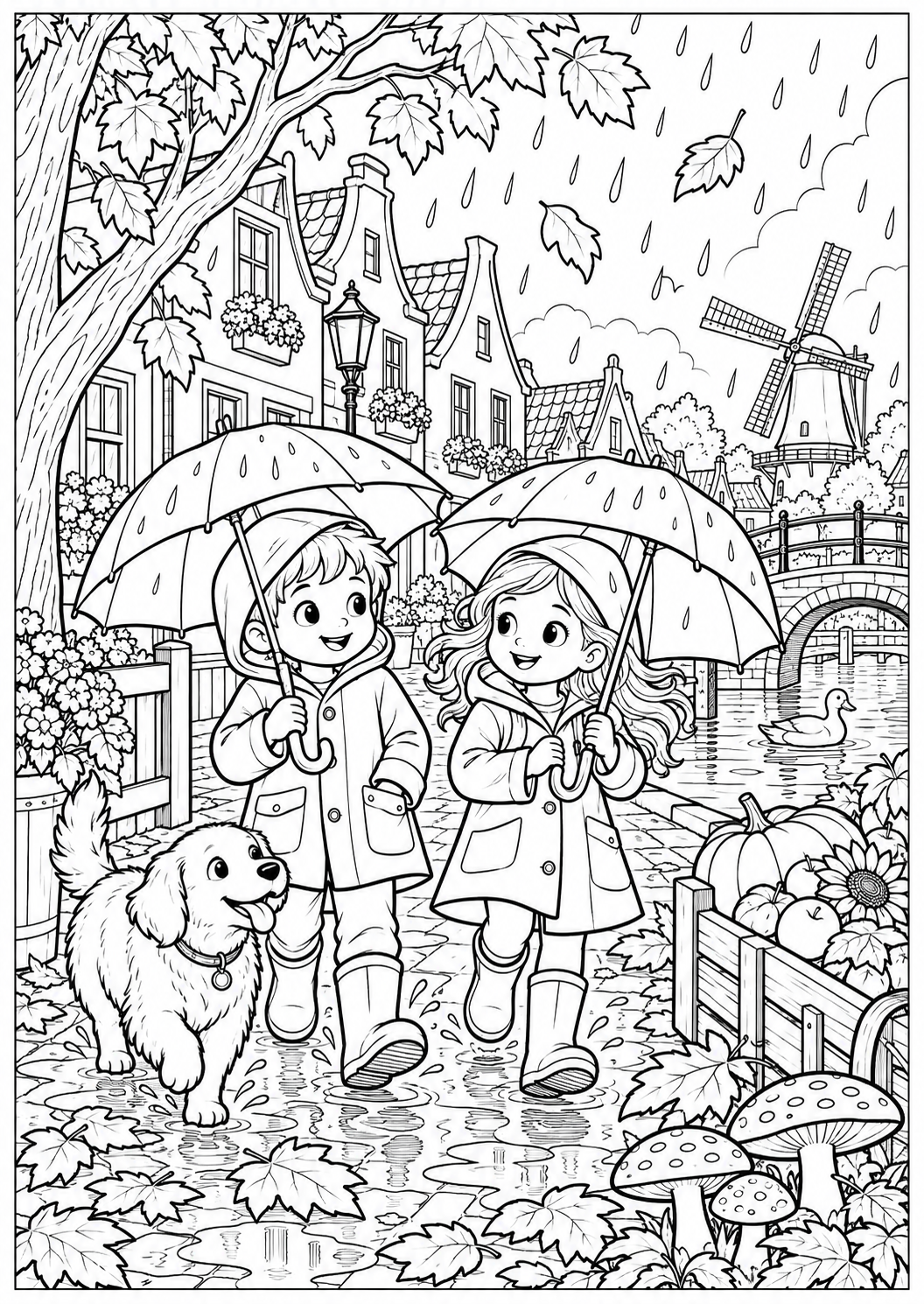 The rainy village walk — printable coloring page