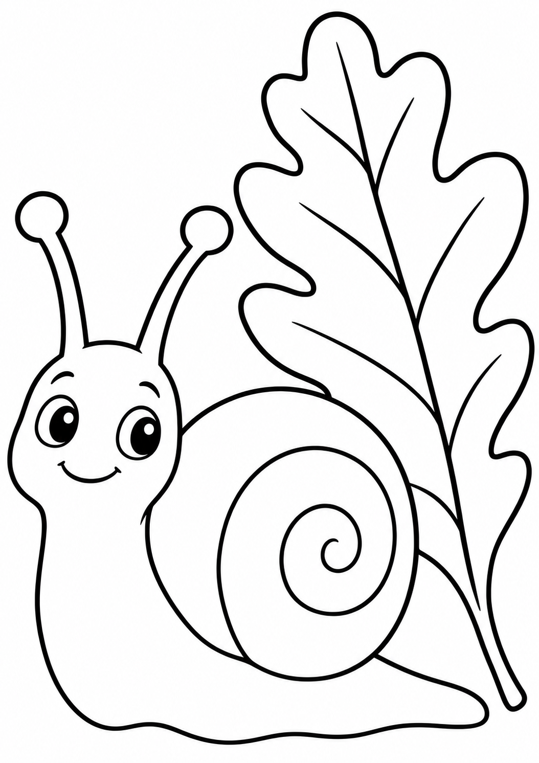 The snail beside a leaf — printable coloring page