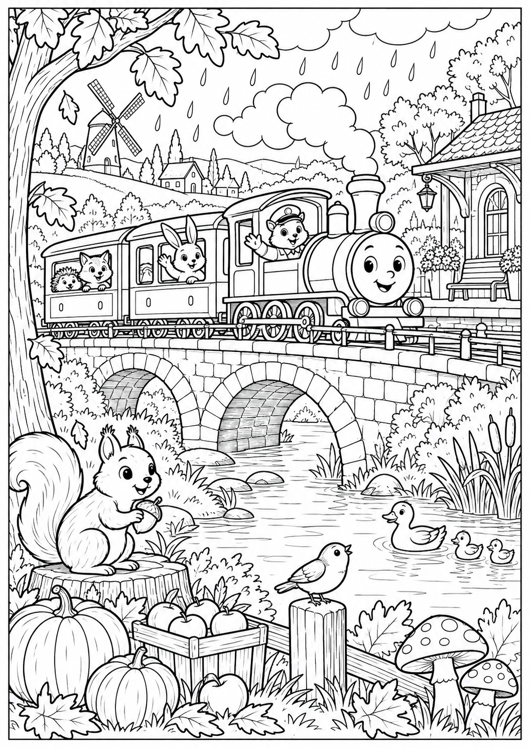 The train through the autumn landscape — printable coloring page