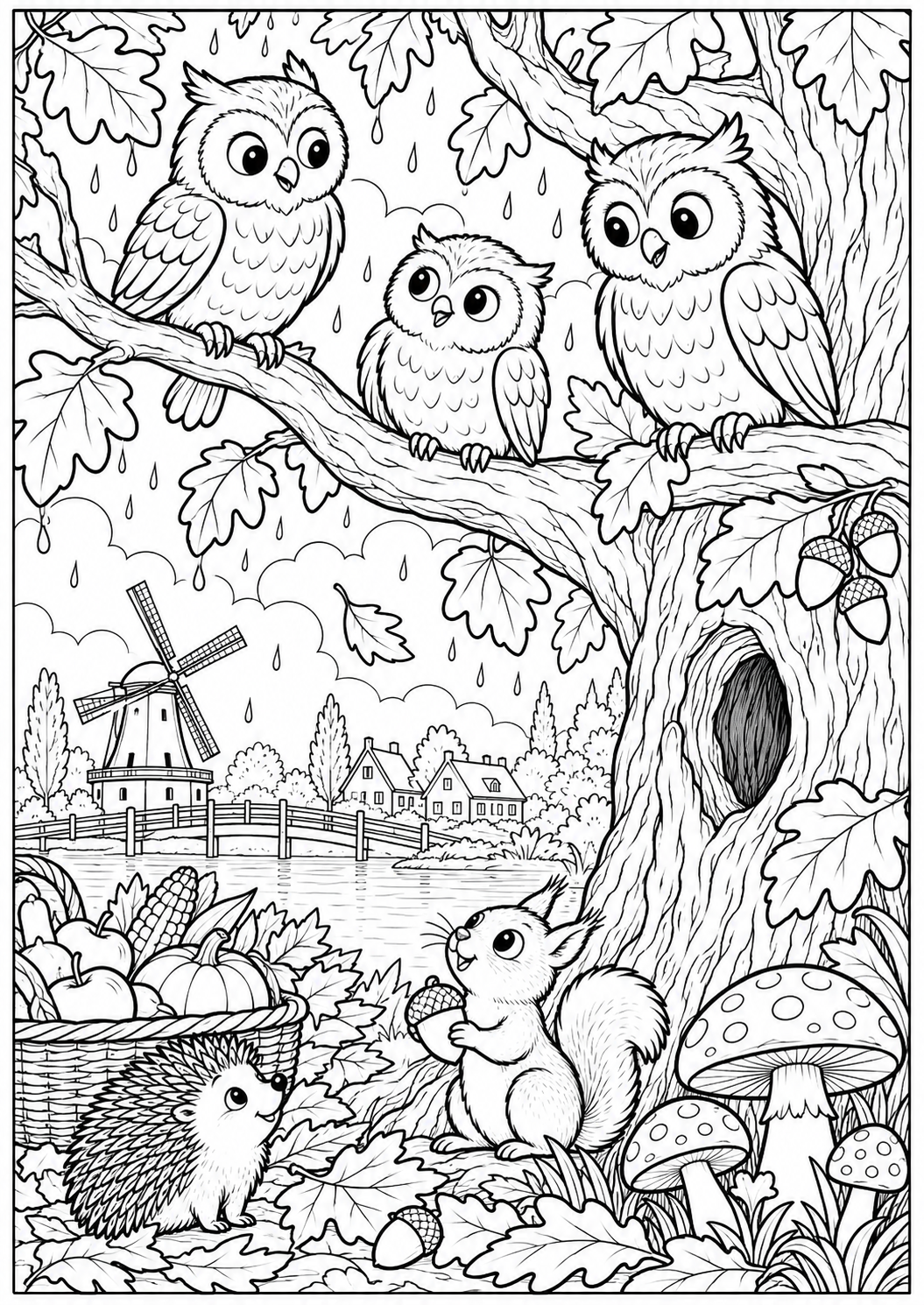 The owls in the autumn woods — printable coloring page