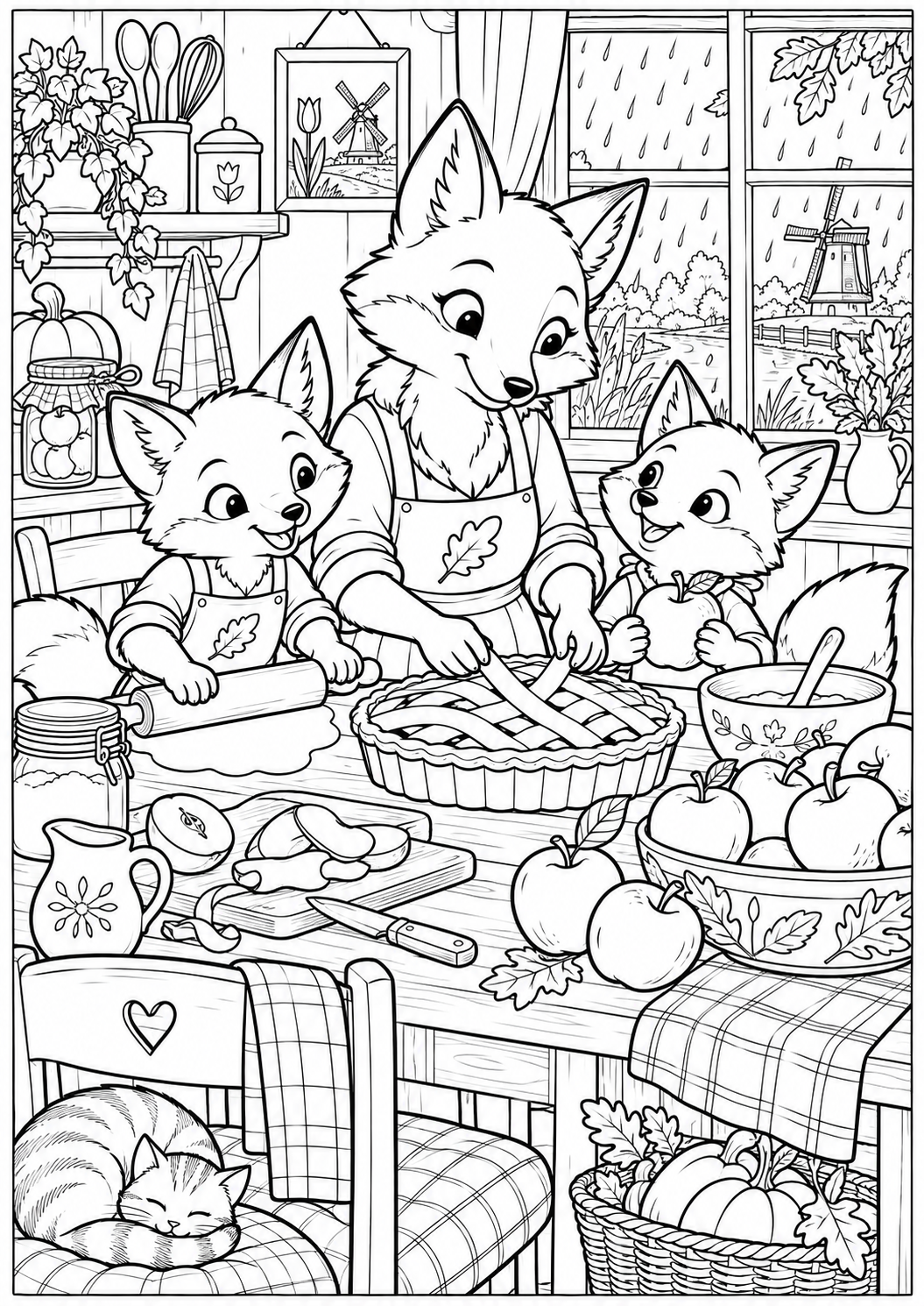 The foxes bake apple pie — printable coloring page