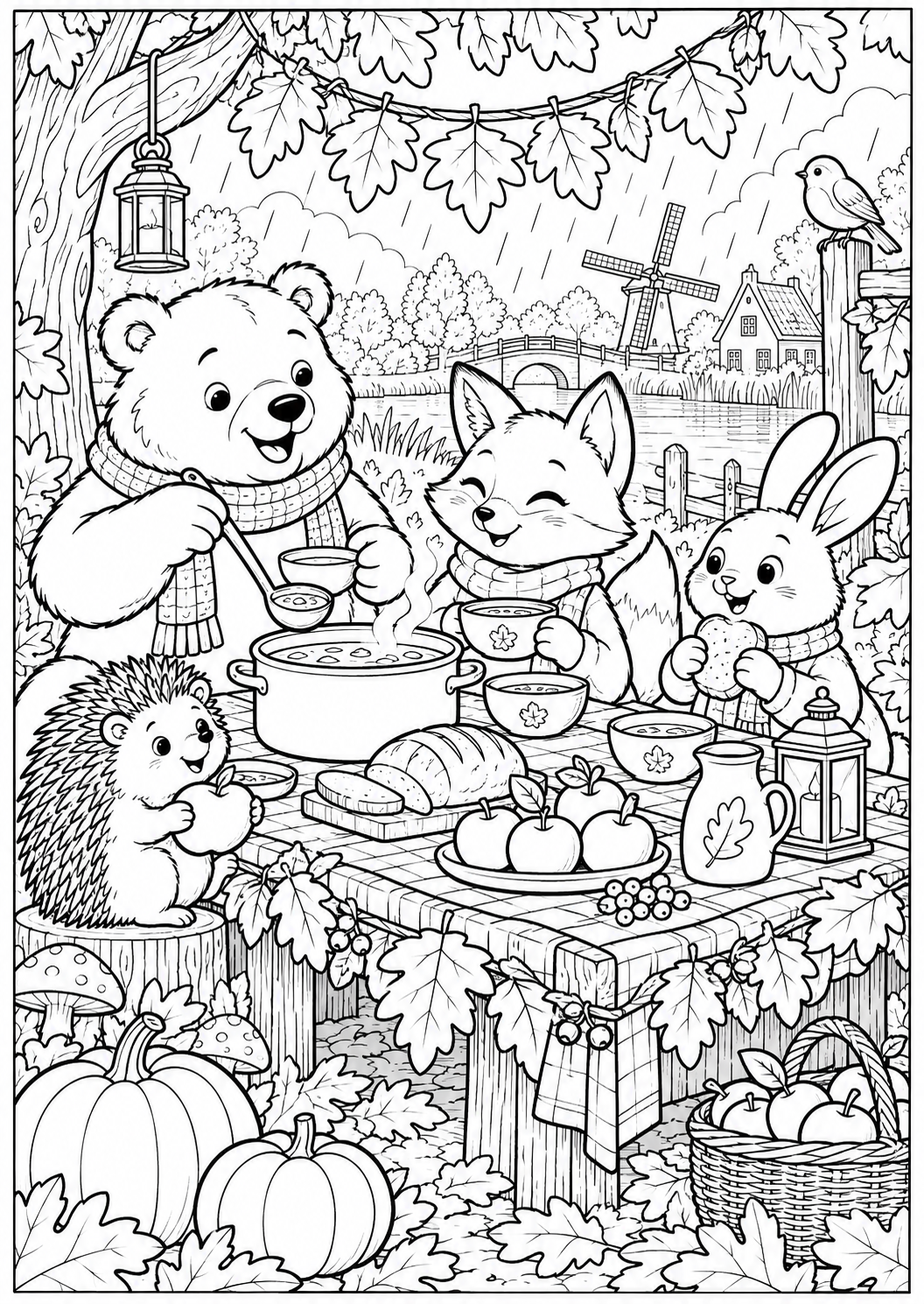 The woodland animals' autumn feast — printable coloring page