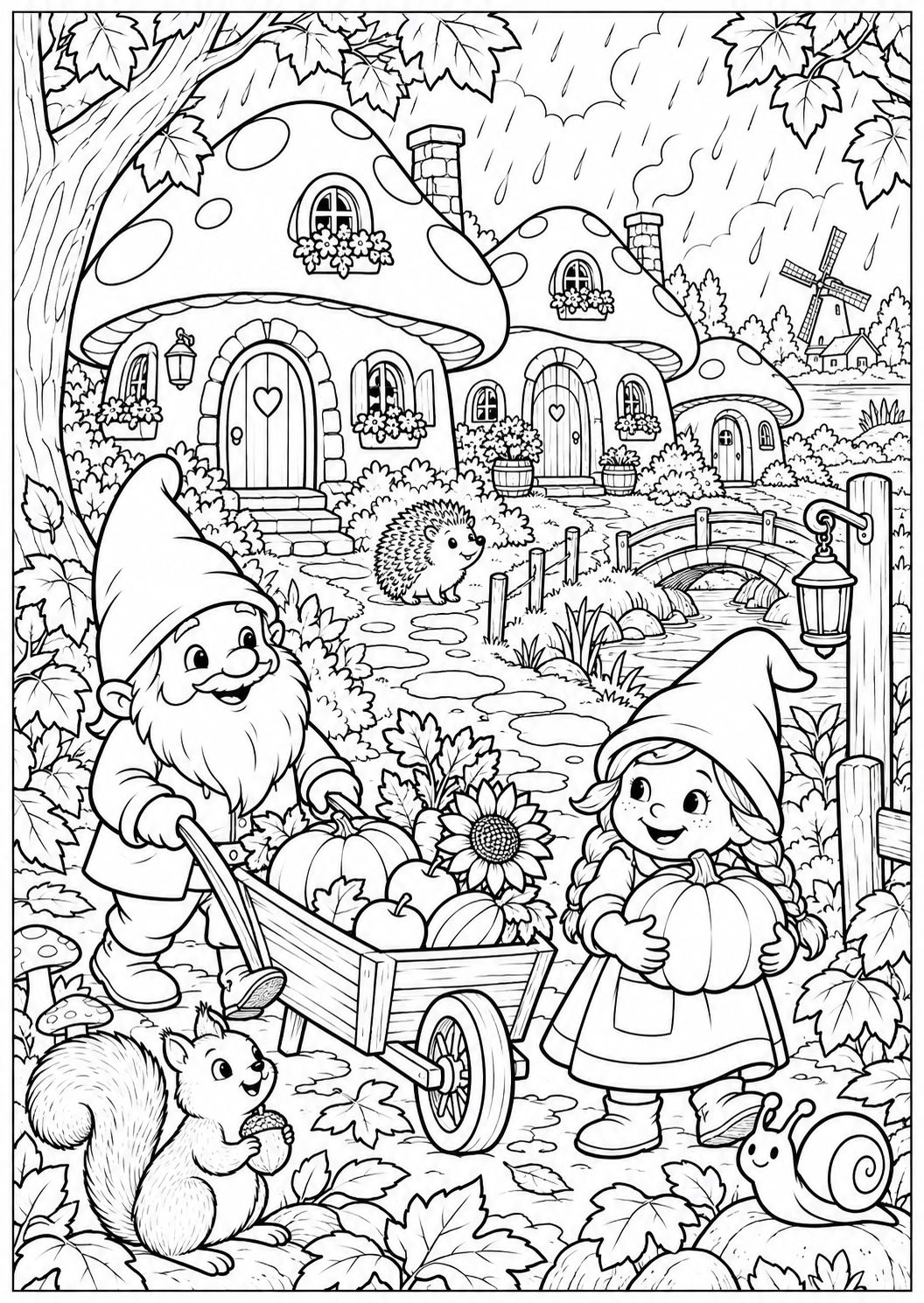 The mushroom village — printable coloring page