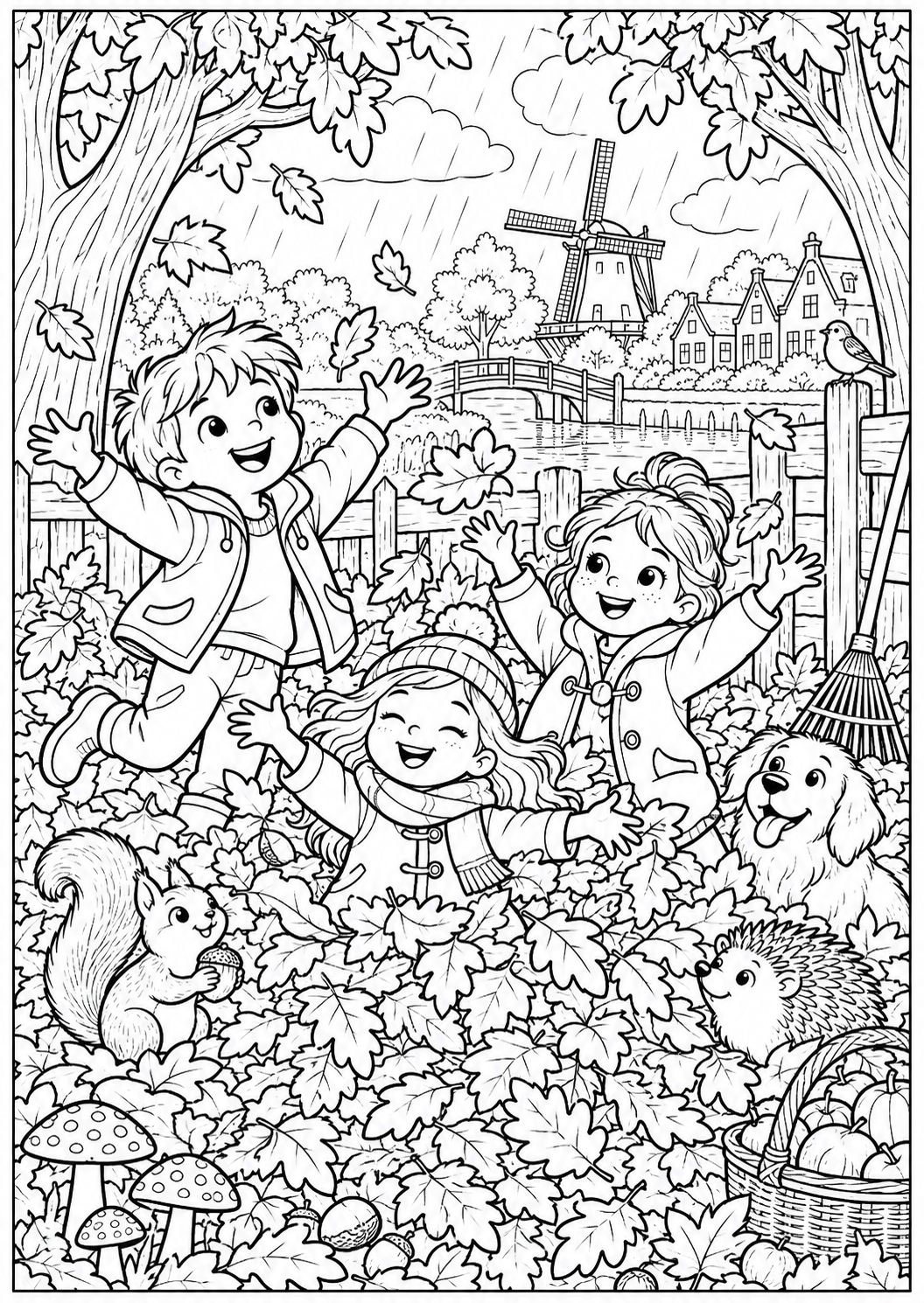 Playing in the leaves — printable coloring page
